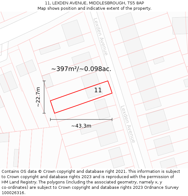 11, LEXDEN AVENUE, MIDDLESBROUGH, TS5 8AP: Plot and title map