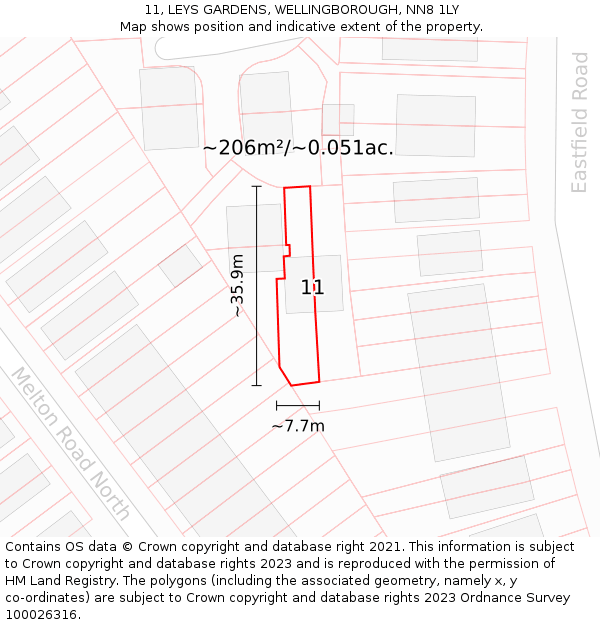 11, LEYS GARDENS, WELLINGBOROUGH, NN8 1LY: Plot and title map