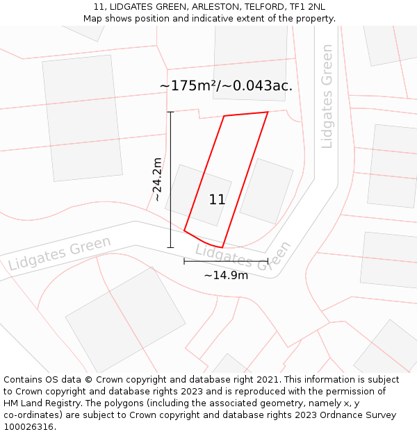 11, LIDGATES GREEN, ARLESTON, TELFORD, TF1 2NL: Plot and title map