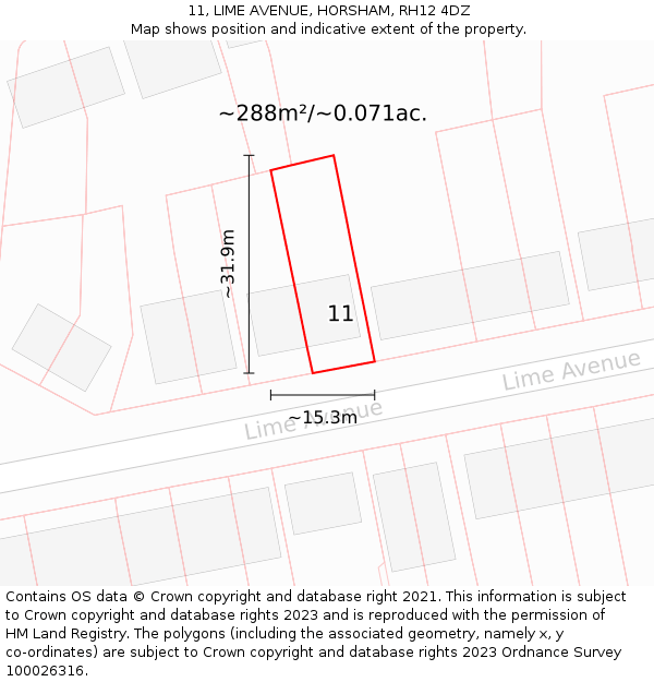 11, LIME AVENUE, HORSHAM, RH12 4DZ: Plot and title map