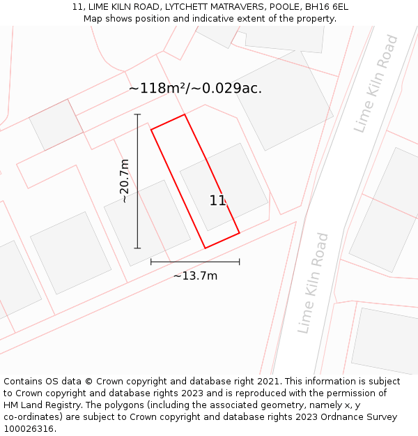11, LIME KILN ROAD, LYTCHETT MATRAVERS, POOLE, BH16 6EL: Plot and title map
