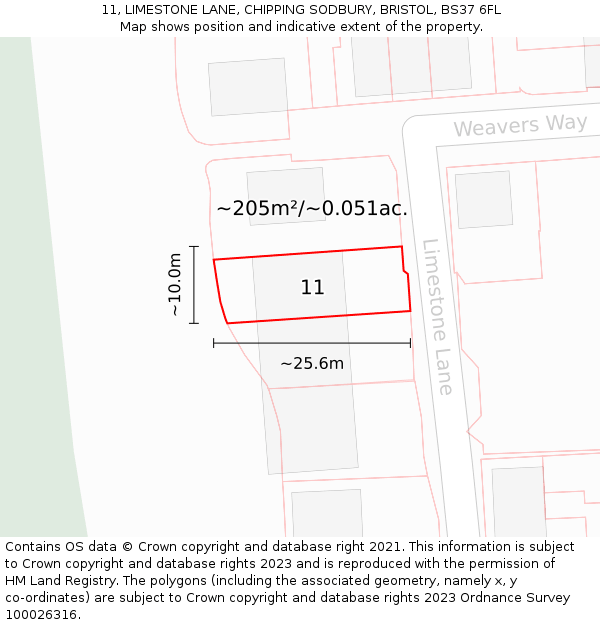 11, LIMESTONE LANE, CHIPPING SODBURY, BRISTOL, BS37 6FL: Plot and title map