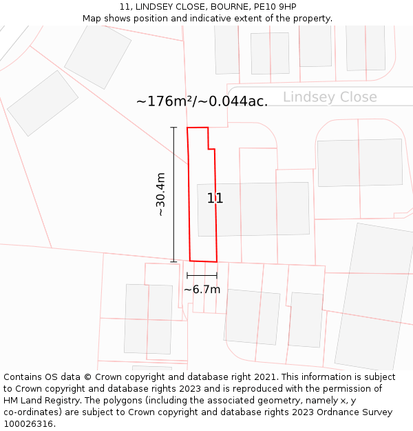 11, LINDSEY CLOSE, BOURNE, PE10 9HP: Plot and title map