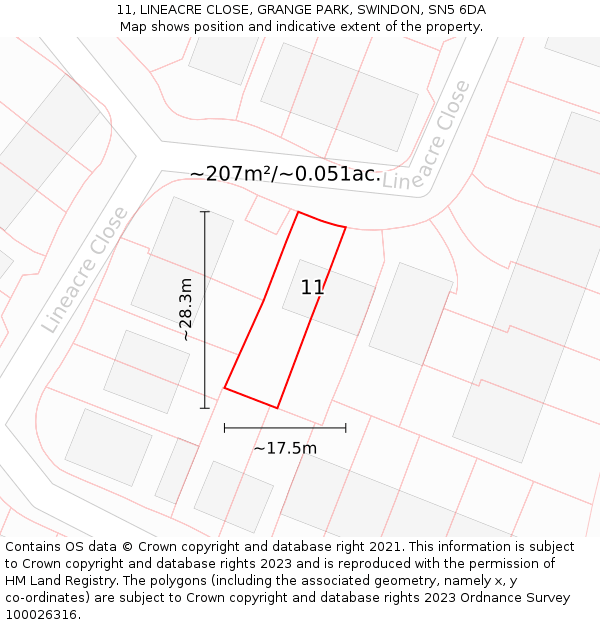 11, LINEACRE CLOSE, GRANGE PARK, SWINDON, SN5 6DA: Plot and title map