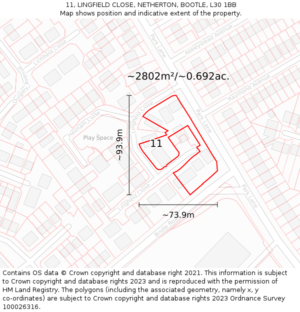 11, LINGFIELD CLOSE, NETHERTON, BOOTLE, L30 1BB: Plot and title map