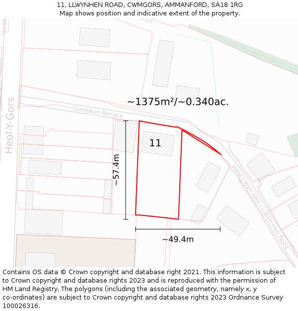 11, LLWYNHEN ROAD, CWMGORS, AMMANFORD, SA18 1RG: Plot and title map