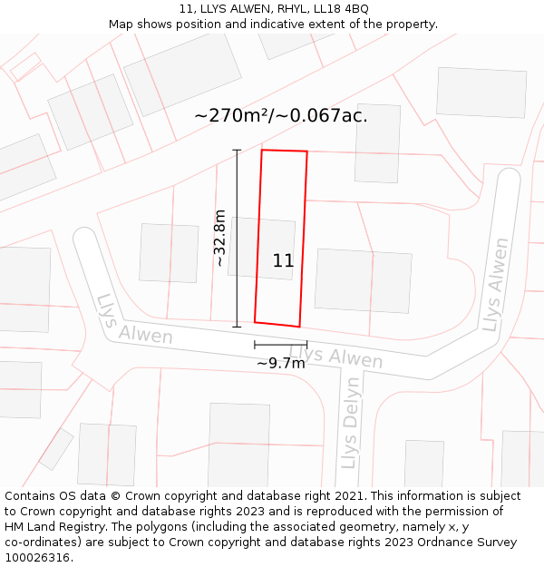 11, LLYS ALWEN, RHYL, LL18 4BQ: Plot and title map