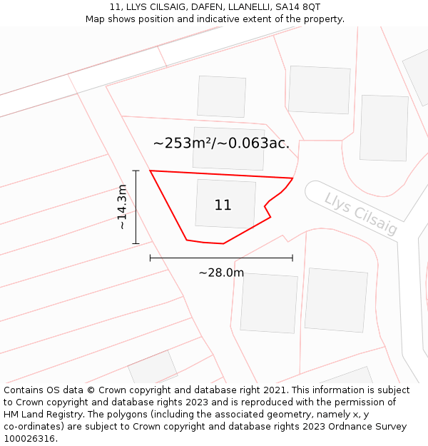 11, LLYS CILSAIG, DAFEN, LLANELLI, SA14 8QT: Plot and title map