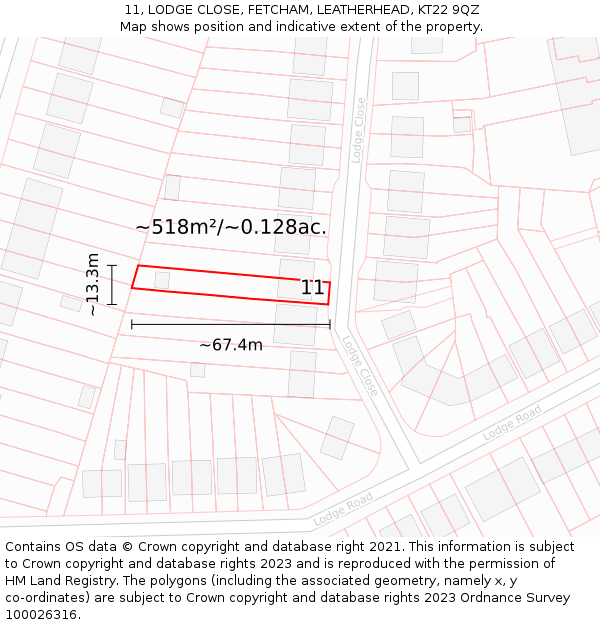 11, LODGE CLOSE, FETCHAM, LEATHERHEAD, KT22 9QZ: Plot and title map