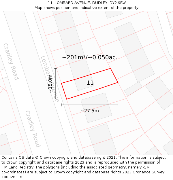 11, LOMBARD AVENUE, DUDLEY, DY2 9RW: Plot and title map