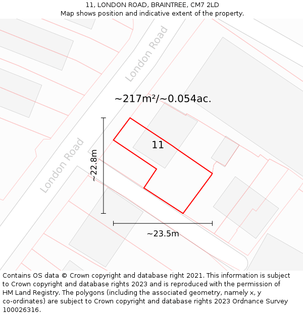 11, LONDON ROAD, BRAINTREE, CM7 2LD: Plot and title map