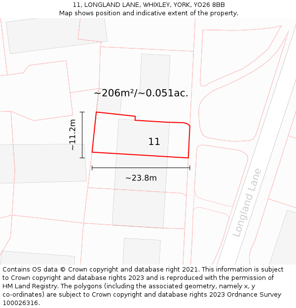 11, LONGLAND LANE, WHIXLEY, YORK, YO26 8BB: Plot and title map