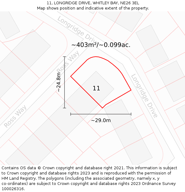 11, LONGRIDGE DRIVE, WHITLEY BAY, NE26 3EL: Plot and title map