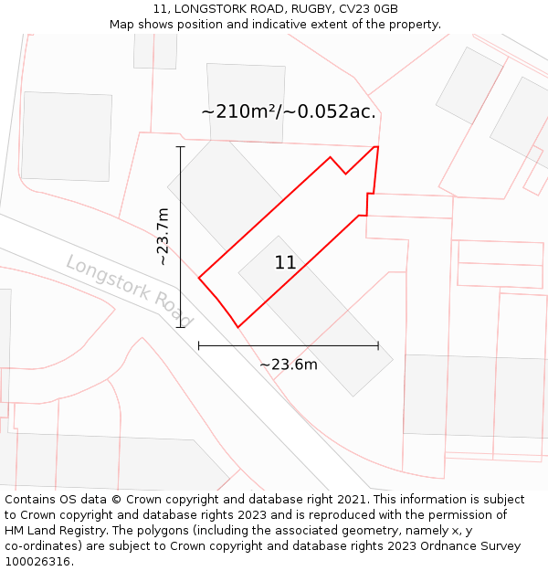 11, LONGSTORK ROAD, RUGBY, CV23 0GB: Plot and title map