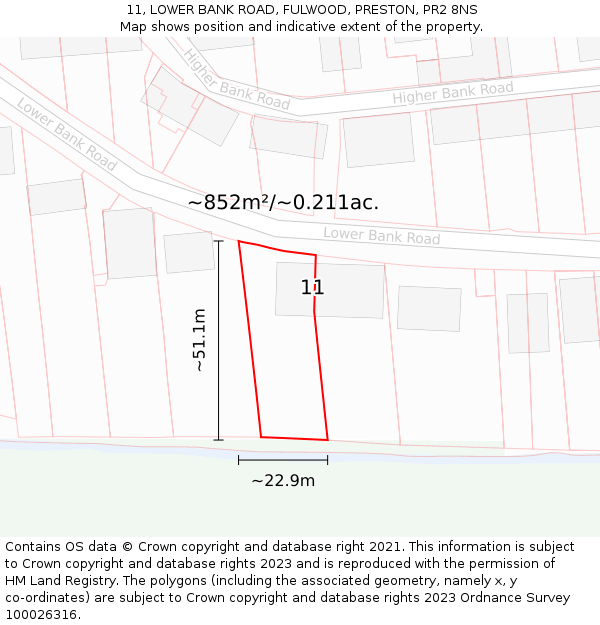 11, LOWER BANK ROAD, FULWOOD, PRESTON, PR2 8NS: Plot and title map