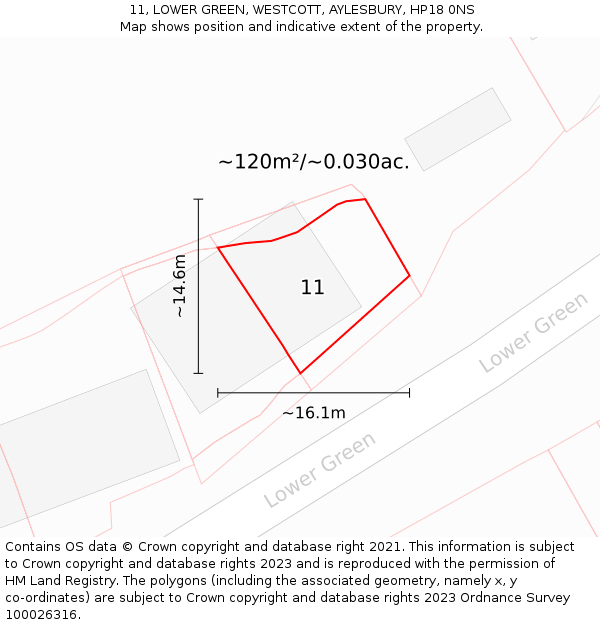 11, LOWER GREEN, WESTCOTT, AYLESBURY, HP18 0NS: Plot and title map