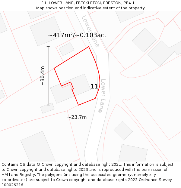 11, LOWER LANE, FRECKLETON, PRESTON, PR4 1HH: Plot and title map