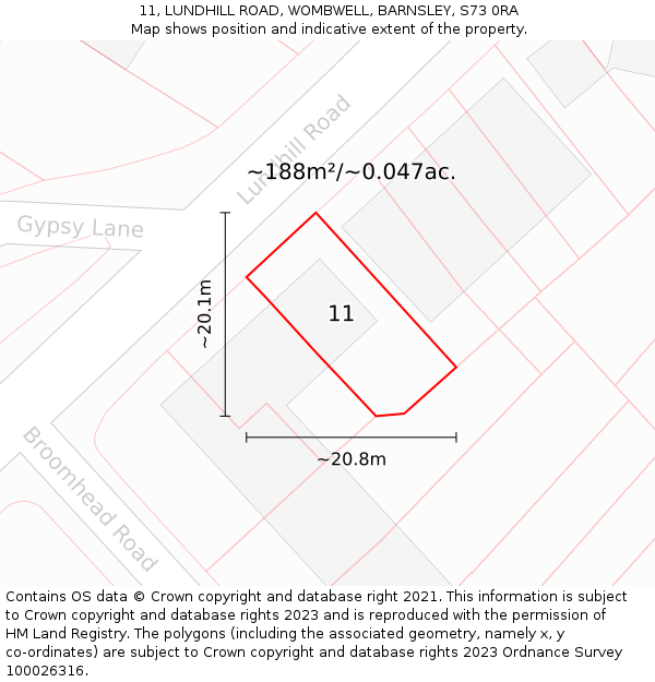 11, LUNDHILL ROAD, WOMBWELL, BARNSLEY, S73 0RA: Plot and title map