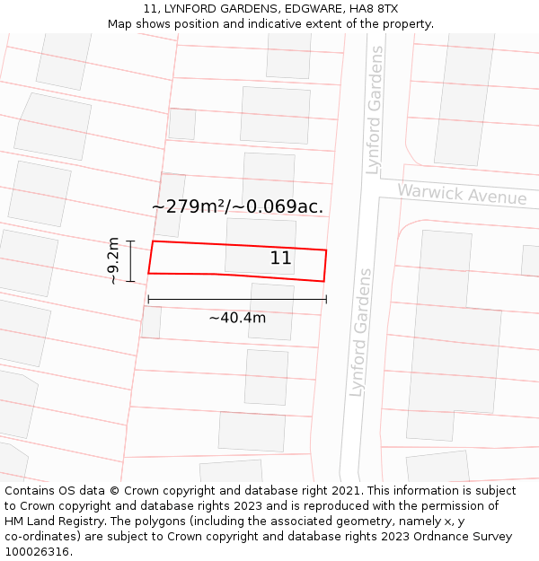 11, LYNFORD GARDENS, EDGWARE, HA8 8TX: Plot and title map