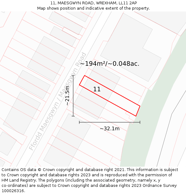 11, MAESGWYN ROAD, WREXHAM, LL11 2AP: Plot and title map