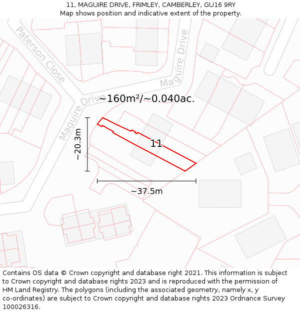 11, MAGUIRE DRIVE, FRIMLEY, CAMBERLEY, GU16 9RY: Plot and title map