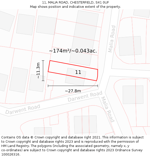 11, MALIA ROAD, CHESTERFIELD, S41 0UF: Plot and title map