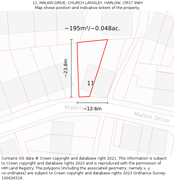 11, MALKIN DRIVE, CHURCH LANGLEY, HARLOW, CM17 9WH: Plot and title map