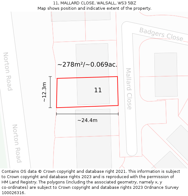 11, MALLARD CLOSE, WALSALL, WS3 5BZ: Plot and title map