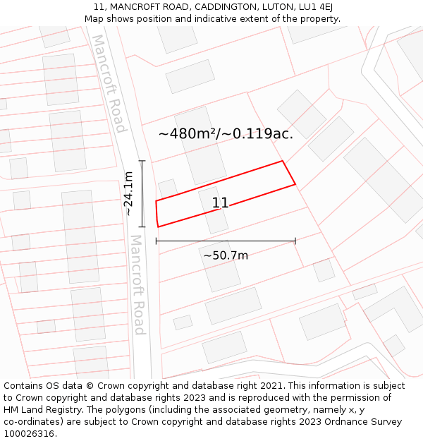 11, MANCROFT ROAD, CADDINGTON, LUTON, LU1 4EJ: Plot and title map