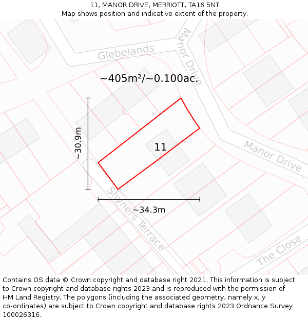 11, MANOR DRIVE, MERRIOTT, TA16 5NT: Plot and title map