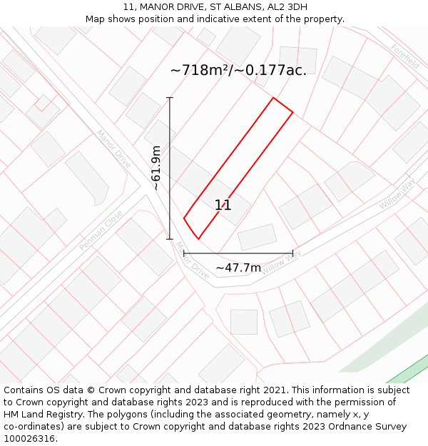 11, MANOR DRIVE, ST ALBANS, AL2 3DH: Plot and title map