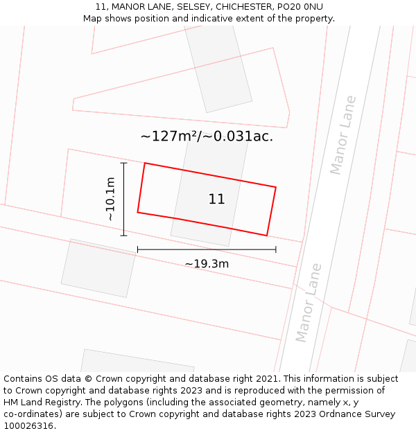 11, MANOR LANE, SELSEY, CHICHESTER, PO20 0NU: Plot and title map