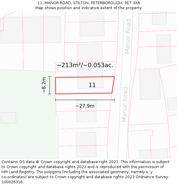 11, MANOR ROAD, STILTON, PETERBOROUGH, PE7 3XA: Plot and title map