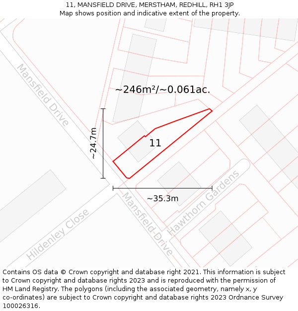 11, MANSFIELD DRIVE, MERSTHAM, REDHILL, RH1 3JP: Plot and title map