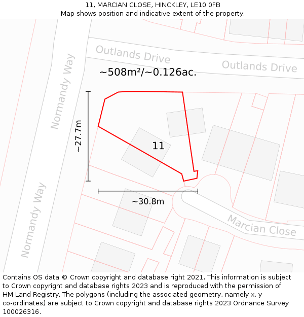 11, MARCIAN CLOSE, HINCKLEY, LE10 0FB: Plot and title map