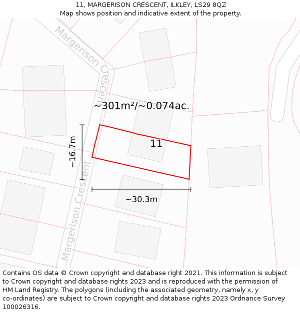 11, MARGERISON CRESCENT, ILKLEY, LS29 8QZ: Plot and title map