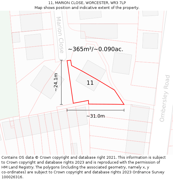 11, MARION CLOSE, WORCESTER, WR3 7LP: Plot and title map