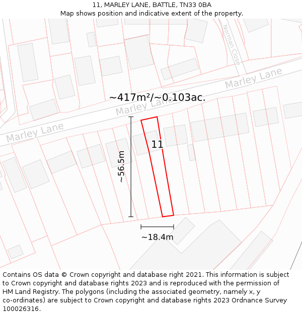 11, MARLEY LANE, BATTLE, TN33 0BA: Plot and title map