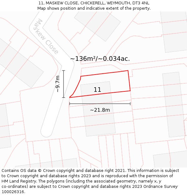 11, MASKEW CLOSE, CHICKERELL, WEYMOUTH, DT3 4NL: Plot and title map