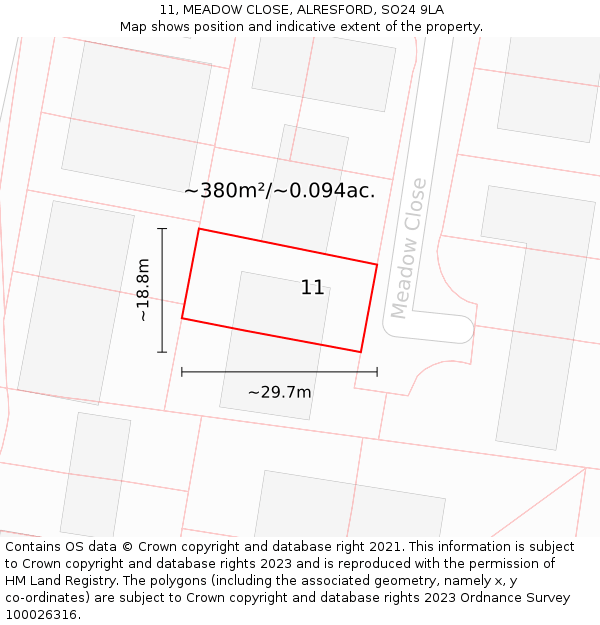 11, MEADOW CLOSE, ALRESFORD, SO24 9LA: Plot and title map