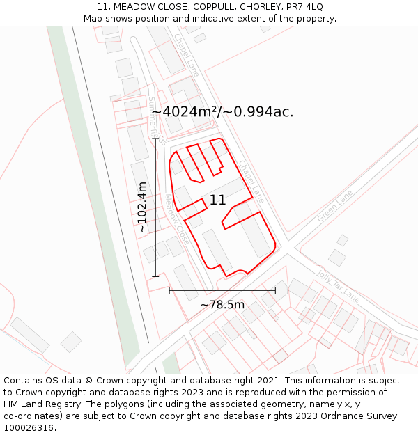 11, MEADOW CLOSE, COPPULL, CHORLEY, PR7 4LQ: Plot and title map