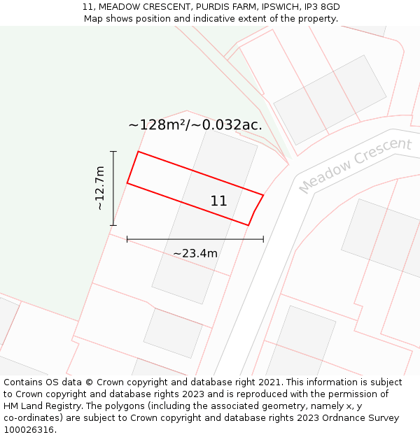 11, MEADOW CRESCENT, PURDIS FARM, IPSWICH, IP3 8GD: Plot and title map