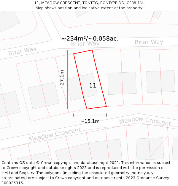 11, MEADOW CRESCENT, TONTEG, PONTYPRIDD, CF38 1NL: Plot and title map