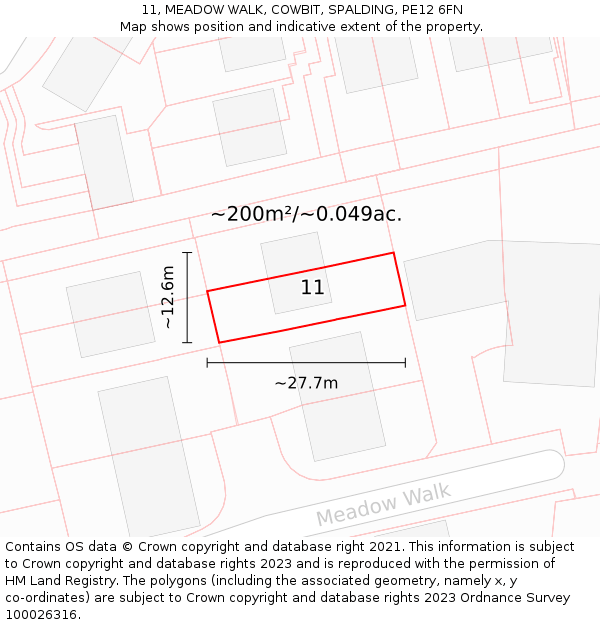 11, MEADOW WALK, COWBIT, SPALDING, PE12 6FN: Plot and title map