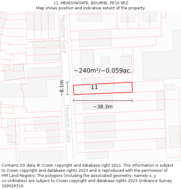 11, MEADOWGATE, BOURNE, PE10 9EZ: Plot and title map