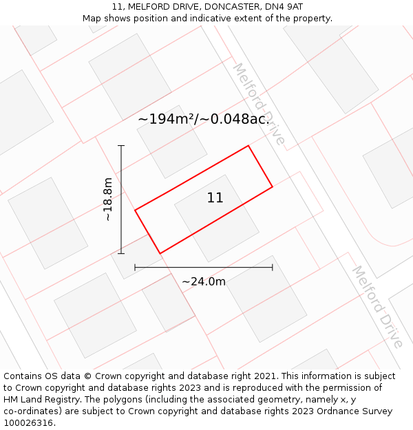 11, MELFORD DRIVE, DONCASTER, DN4 9AT: Plot and title map