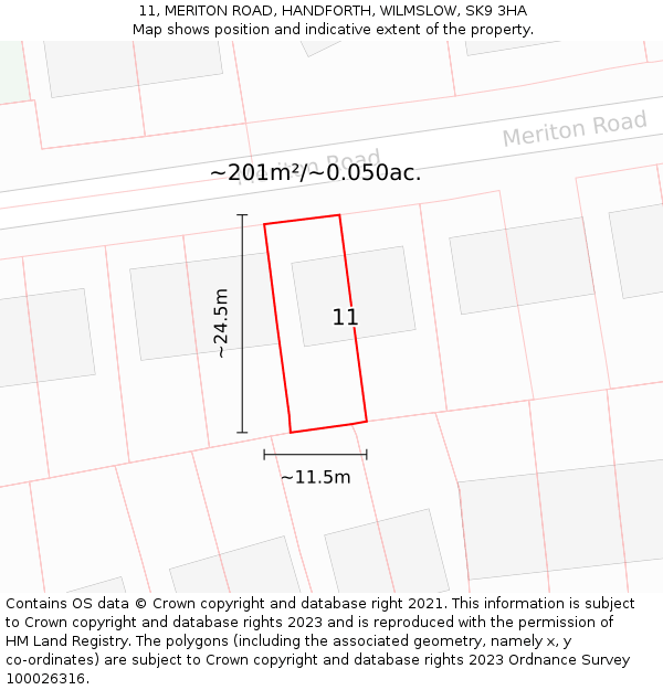 11, MERITON ROAD, HANDFORTH, WILMSLOW, SK9 3HA: Plot and title map