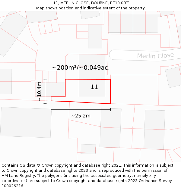 11, MERLIN CLOSE, BOURNE, PE10 0BZ: Plot and title map