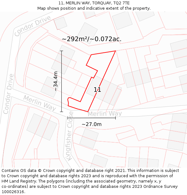 11, MERLIN WAY, TORQUAY, TQ2 7TE: Plot and title map