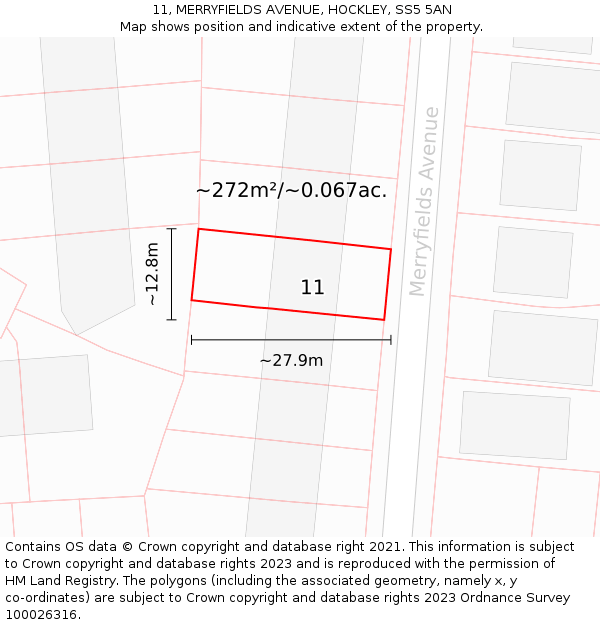 11, MERRYFIELDS AVENUE, HOCKLEY, SS5 5AN: Plot and title map